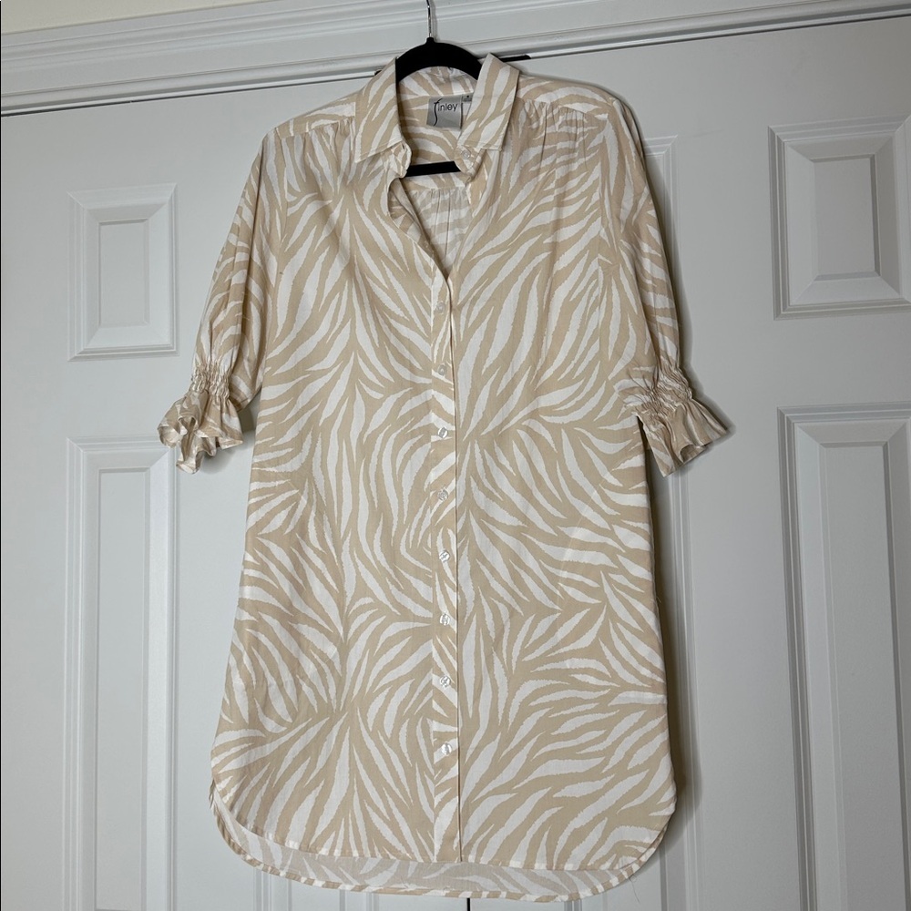 Finley Cream Miller Zebra Print Button-Up Shirt Dress, Size Small